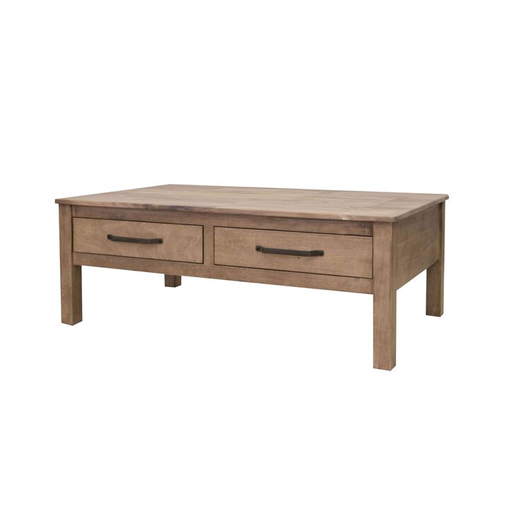 Benjara Umey 53 Inch Coffee Table, 2 Drawers, Light Natural Wood Frame, Brown and Black