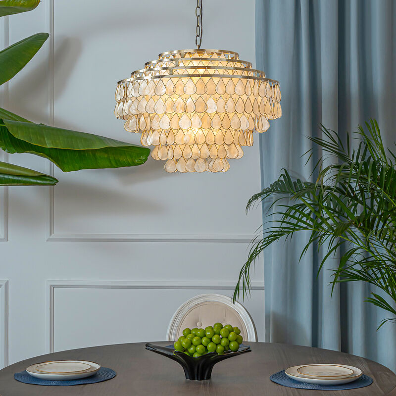 7-Light 24'' Mid-Century Modern Coastal Aged Bronze 4-Tier Natural Capiz Shell Chandelier Vintage Glam Pendant Light For Dining Room Living Room or Foyer image number 2