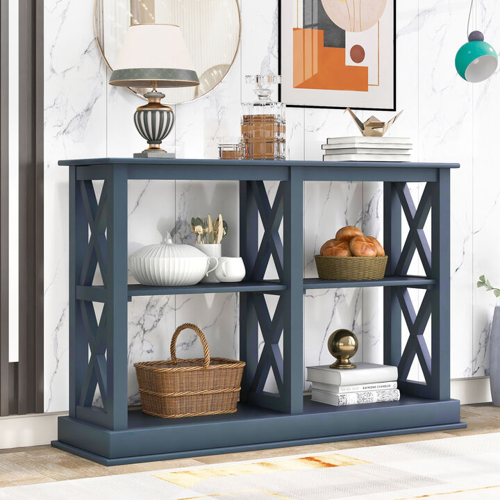 Console Table with 3-Tier Open Storage Spaces and "X" Legs, Narrow Sofa Entry Table for Living Room, Entryway and Hallway (Navy Blue)