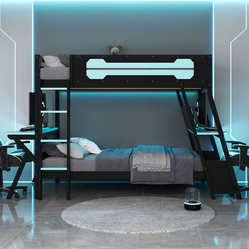 Merax E-Sports Themed Twin over Full Bunk Bed with Dual Gaming Desks image number 1