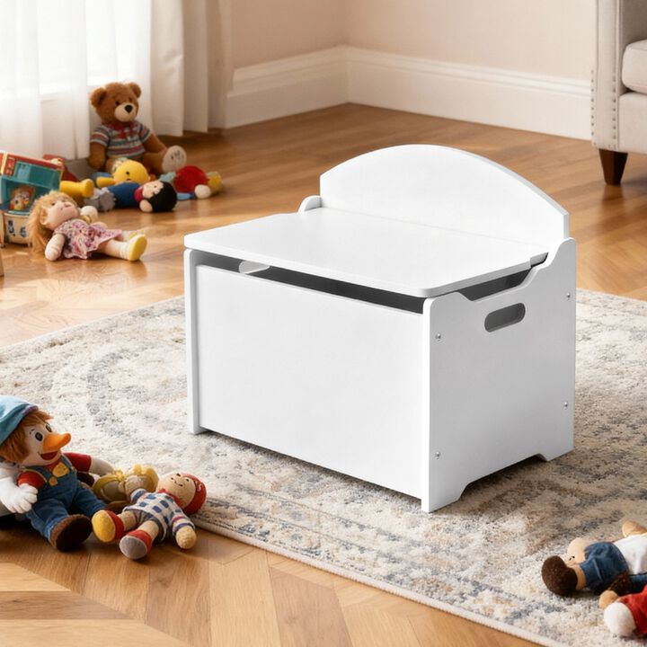 Wooden Toy Storage Bench with Backrest and Large Storage Cabinet for Kids-White