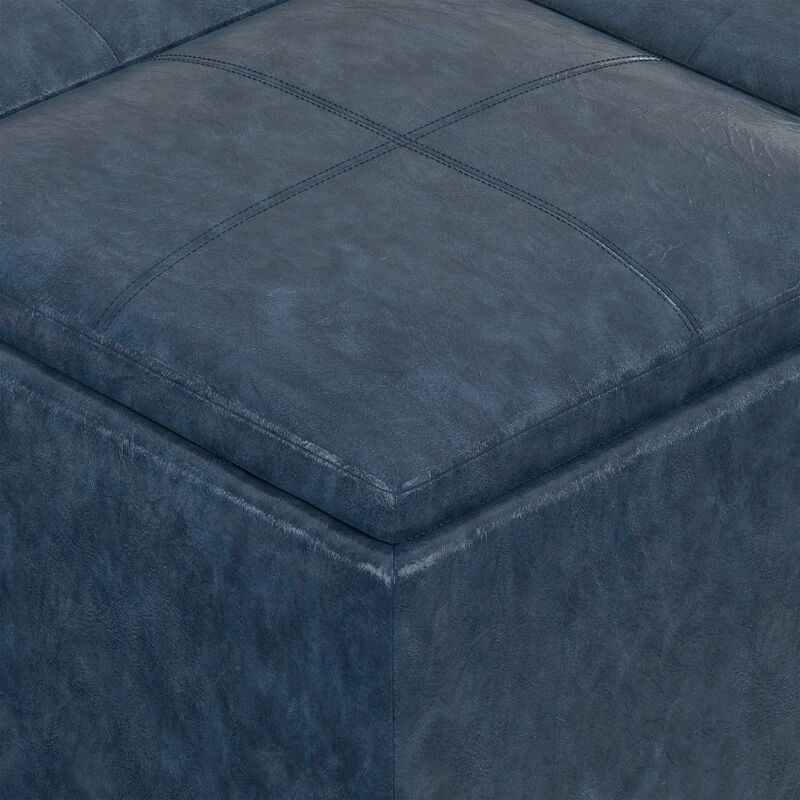 Avalon 35 inch Wide Contemporary Square Coffee Table Storage Ottoman in Denim Blue Vegan Faux Leather, Assembled image number 4