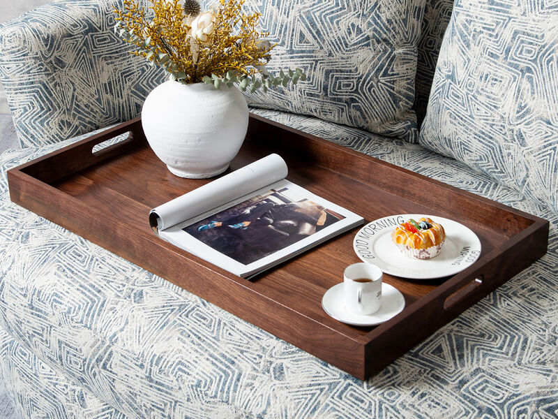 KINWELL Rectangle Black Walnut Wood Serving Tray Ottoman Tray image number 1