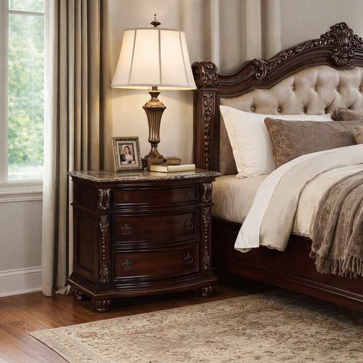 Sany Wooden Nightstand with Three Spacious Drawers and Bun Feet, Cherry Brown - Benzara