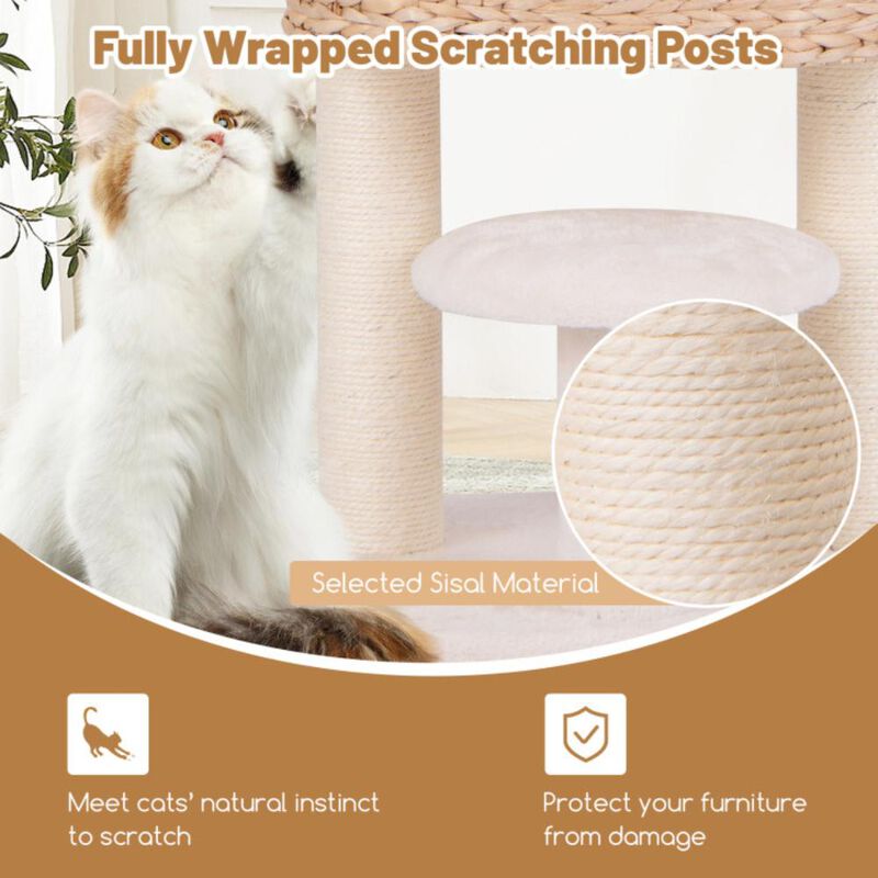 Hivvago Modern Cat Tower Cat Tree with Top Perch Cattail Fluff Condo