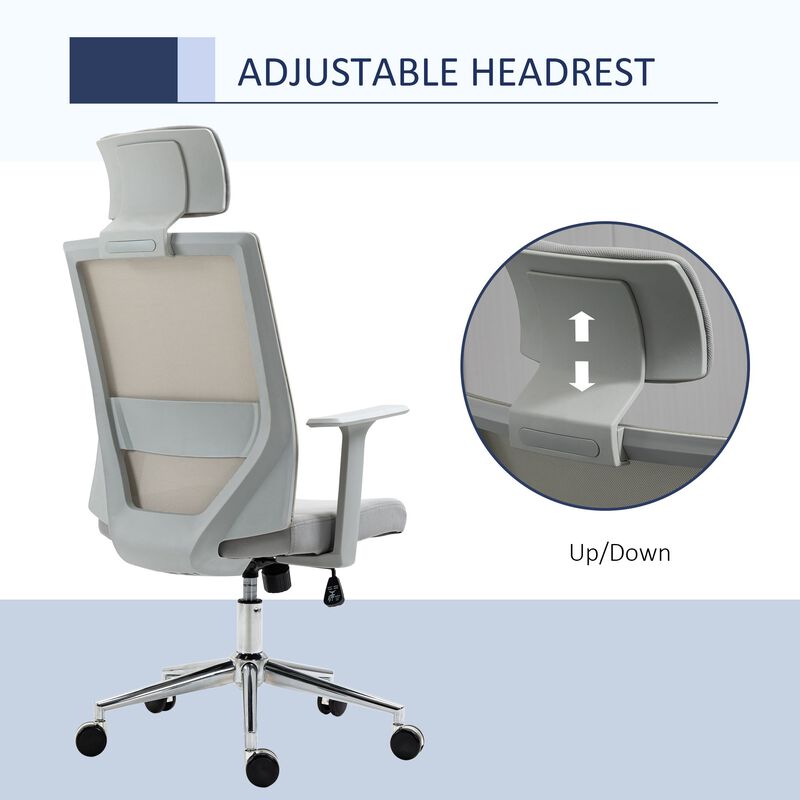 High Back Office Chair, Swivel Task Chair with Lumbar Back Support, Breathable Mesh, and Adjustable Height, Headrest, Grey