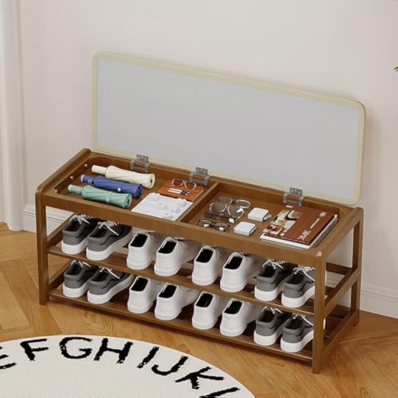 Entryway Bamboo Shoe Storage Bench 2 Tier Walnut Cushion Hidden image number 3
