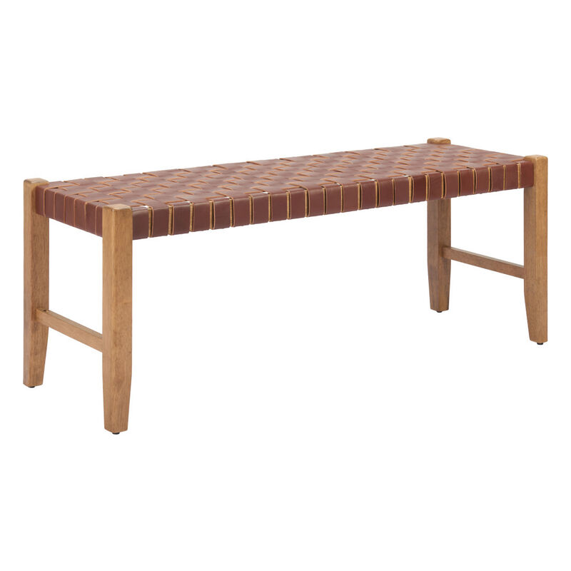 HomeRoots 48" Brown and Natural Genuine Leather and Solid Wood Bench image number 2
