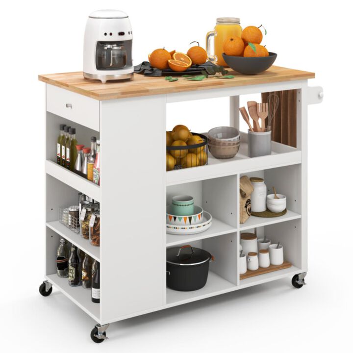 Hivvago Kitchen Island Trolley Cart on Wheels with Storage Open Shelves and Drawer-White