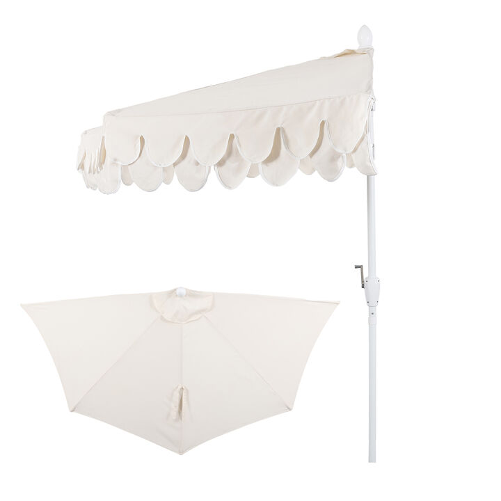 Terrace Arc 9 ft. Classic White Pole MidCentury Scalloped Fringe Market Patio Half Umbrella with Crank, Tilt Button and UV Protection