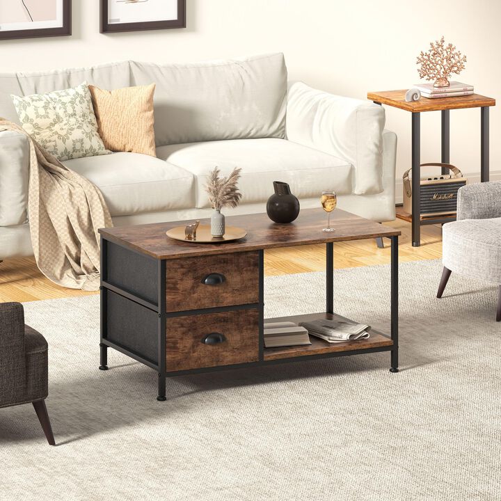 SENIG Coffee Table with Drawers, Coffee Table for Living Room, 2-Tier Coffee Tables with Storage Drawers,Brown Coffee Tables for