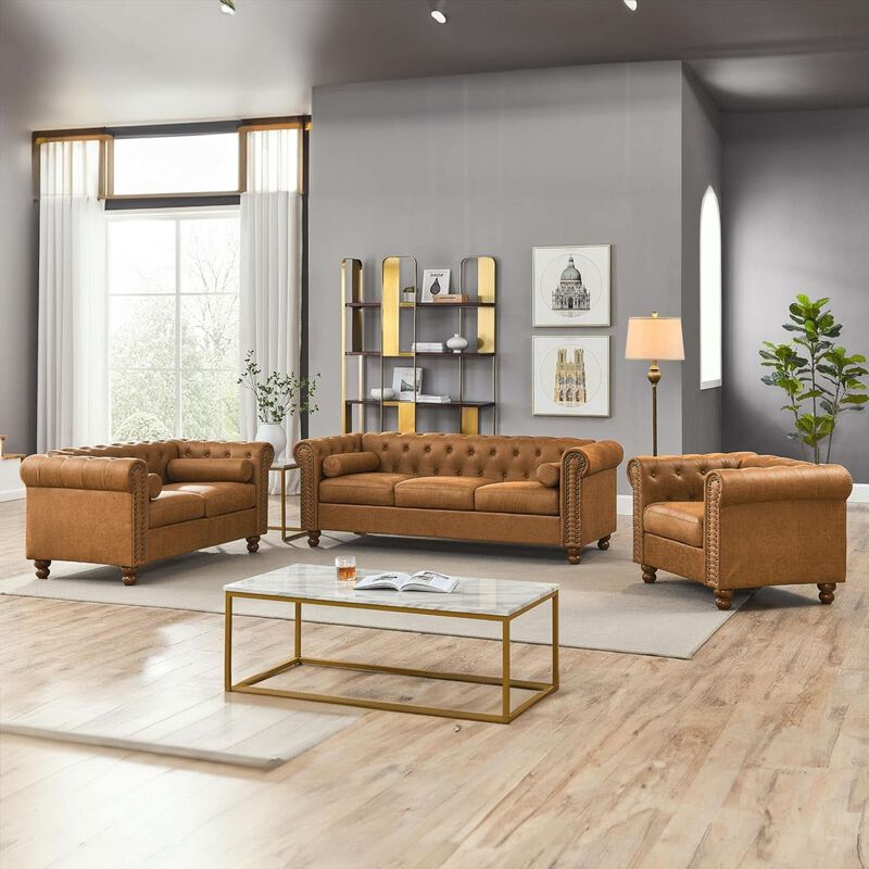 ShipItFurniture Two-Piece Air Leather Chesterfield Sofa and Club Chair Set, Brown image number 4