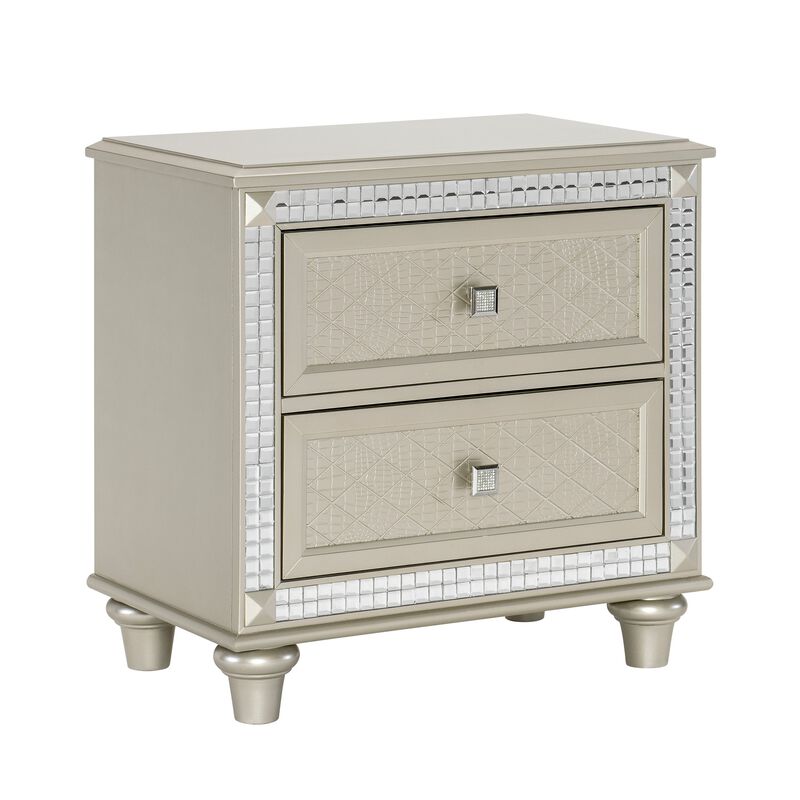 Juhi 29 Inch Nightstand, 2 Drawers, Acrylic Crystal Accents, Silver Trim-Benzara image number 1