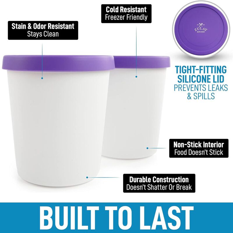 (2 Pack - 1 Quart Each) Large Ice Cream Containers For Homemade Ice Cream - Purple