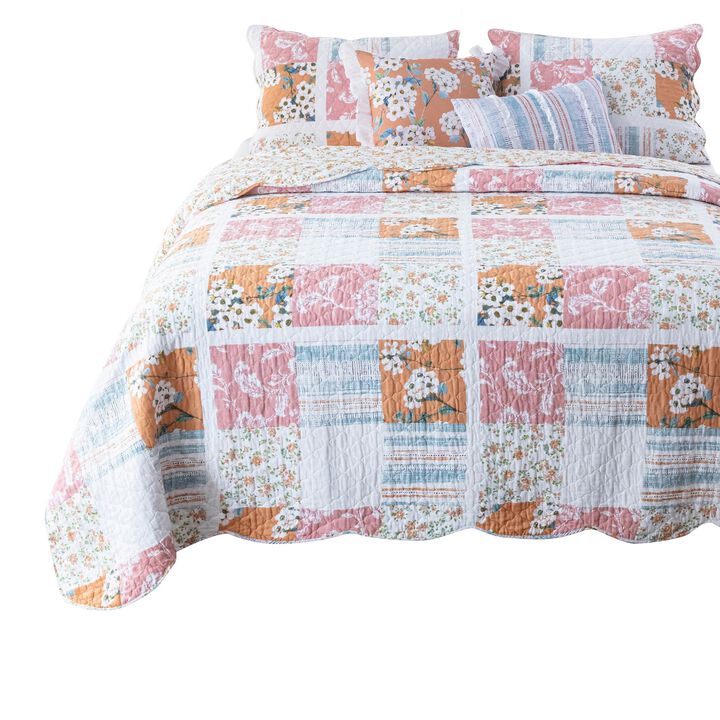 2pc Twin Quilt and Pillow Sham Set, Patchwork, Multicolor Floral, Stripes - Benzara