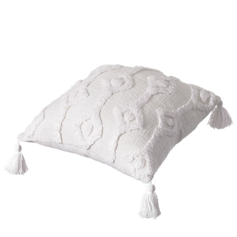 16" Handwoven Cotton Throw Pillow Cover with Small White Tufted Diamond Pattern and Tassel Corners with Filler, White