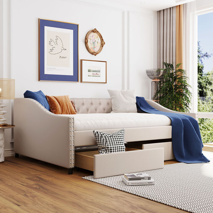 Whisen Full Size Upholstered Daybed with Two Drawers, Solid Wood Frame Storage Sofa Bed for Living Room