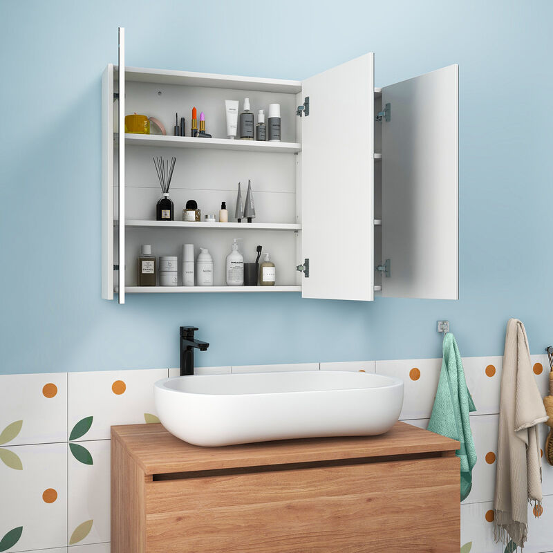Frameless Bathroom Wall Mounted Mirror Cabinet with 3 Doors and Adjustable Shelves