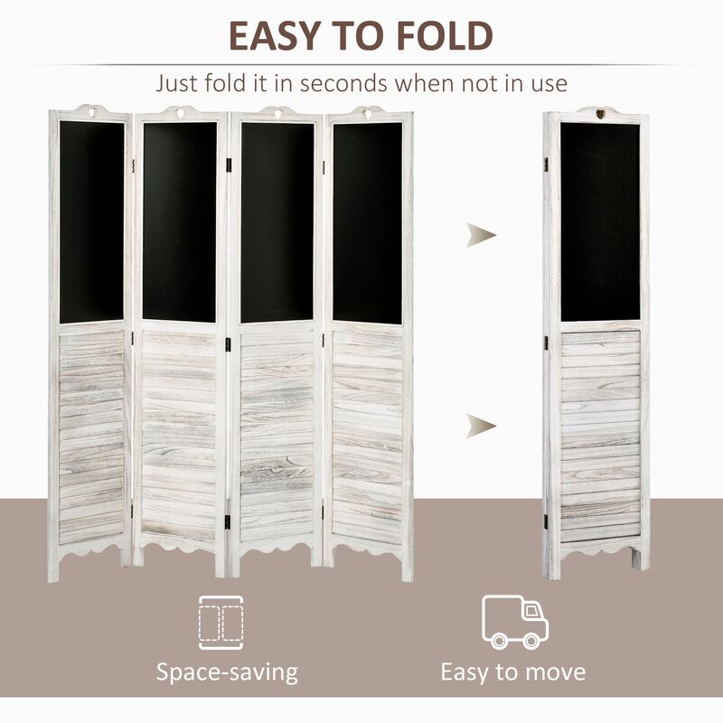 4 Panel Folding Room Divider with Blackboard, 5.5ft Tall Freestanding Wall Divider Panels for Bedroom or Office, White