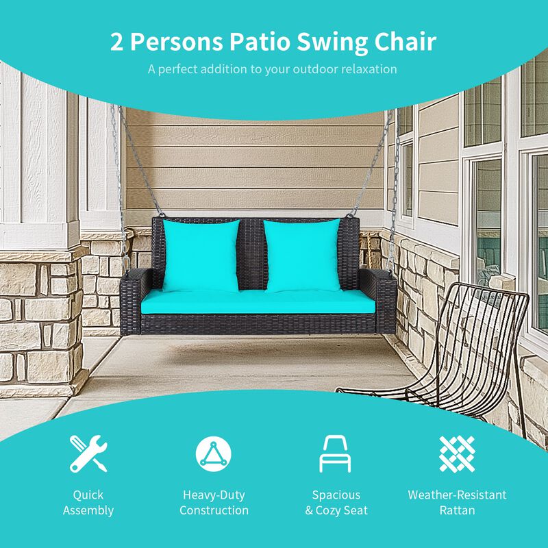 2-Person Wicker Hanging Porch Swing with Cushions &ndash; Includes 2 Back Cushions & 1 Seat Cushion