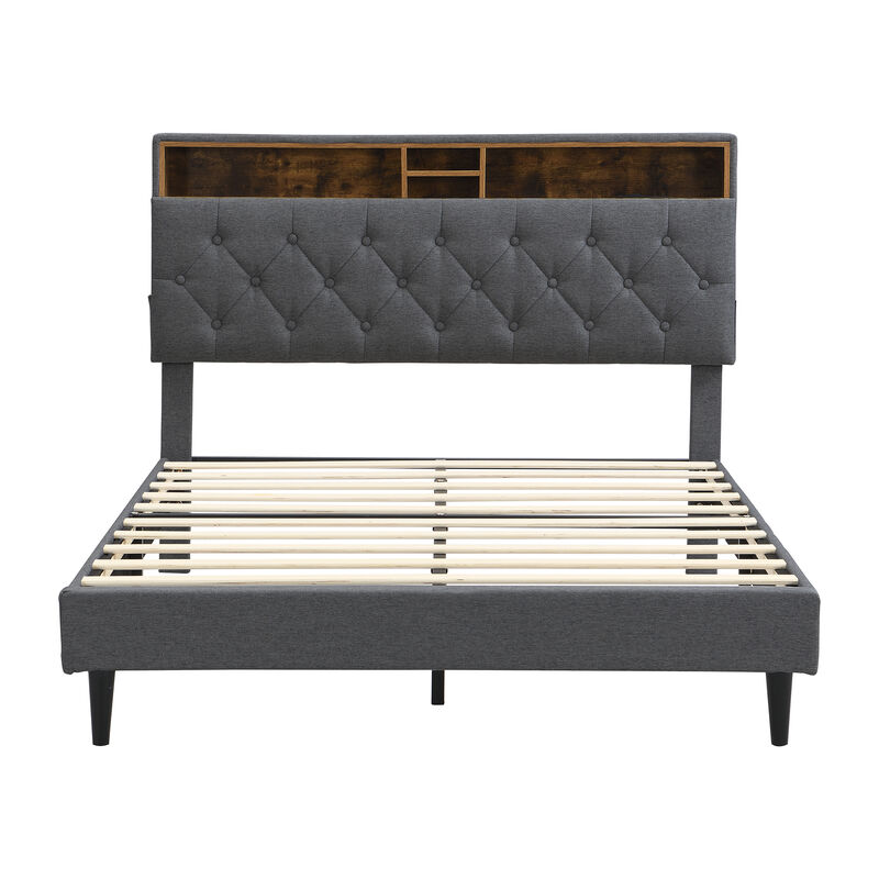 Merax Bed Frame with Storage Headboard & Built-In Charging