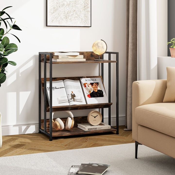 3-Tier Corner Bookcase with Adjustable Shelves and Metal Frame