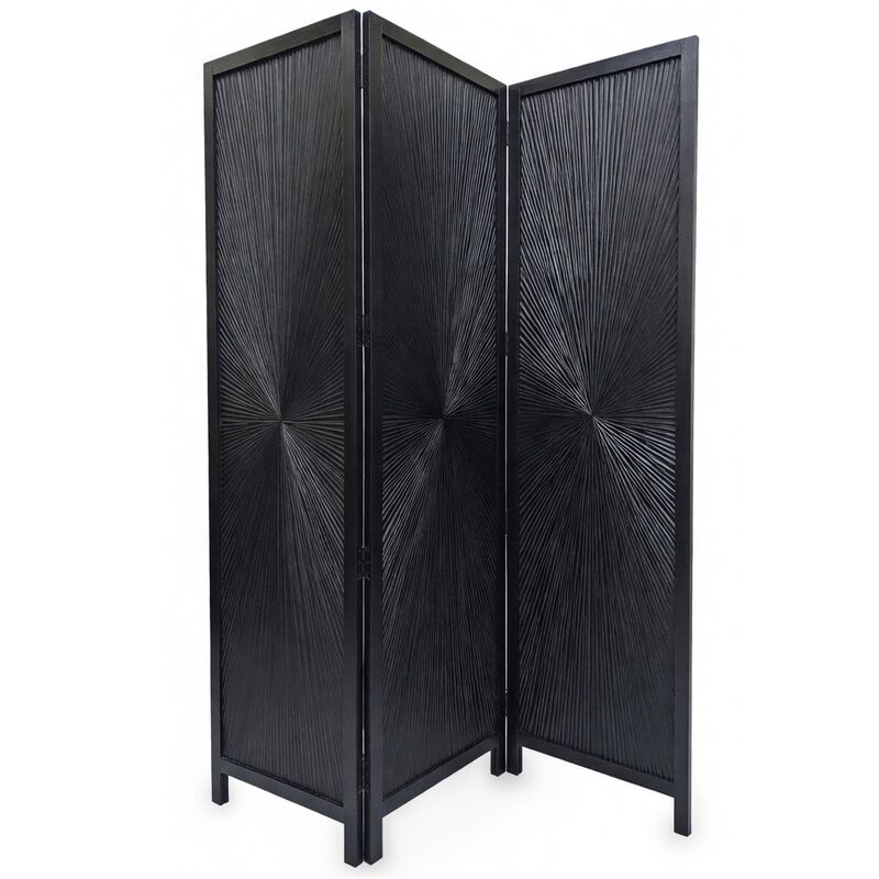 Cava 3 Panel Folding Room Divider Screen, Sunburst Design, Black Mango Wood, 72" H image number 0