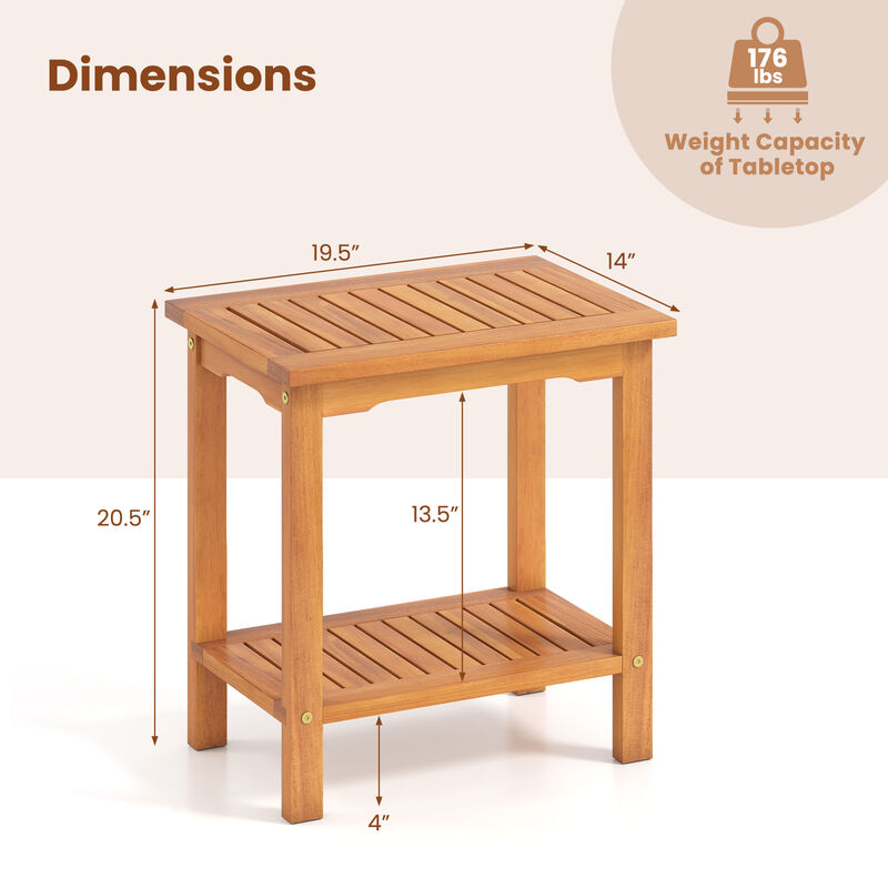 Outdoor 2-Tier Acacia Wood Side Table with Slatted Top and Lower Storage Shelf-Natural image number 2