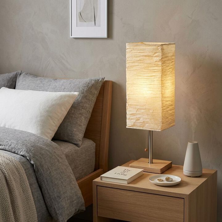 HomeRoots 25" Natural Solid Wood And Silver Metal Table Lamp Beige Paper Shade