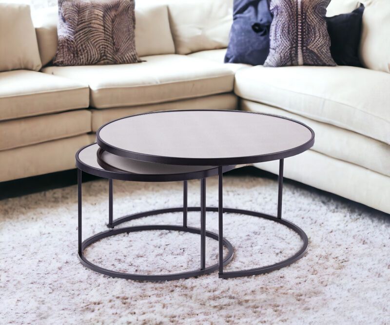 Hivvago Set of Two Black And Silver Mirrored Round Nested Coffee Table Set