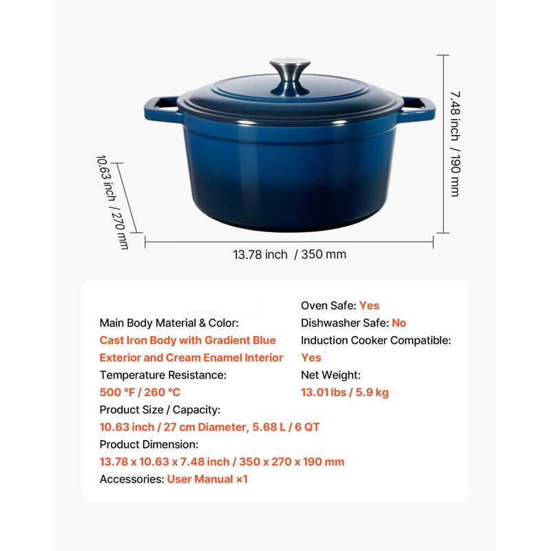 Cast Iron Dutch Oven 6 Quart Enameled Pot with Lid, Induction Compatible Cookware-Blue image number 2