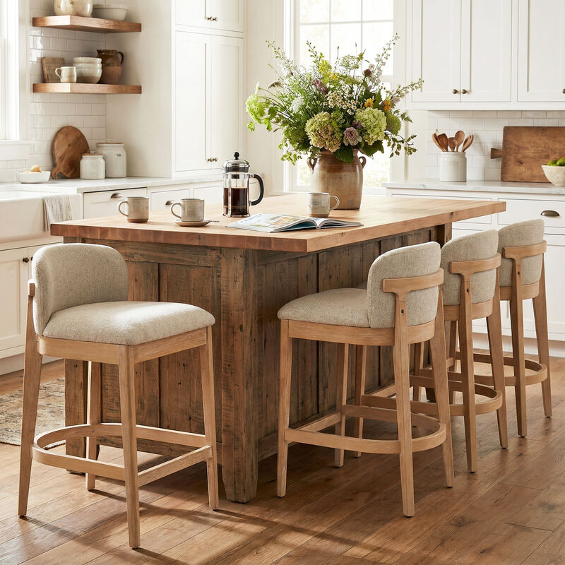 Christopher Knight Home Truda Farmhouse Rubberwood Upholstered Counter Stools with Curved Backrest (Set of 4) image number 1