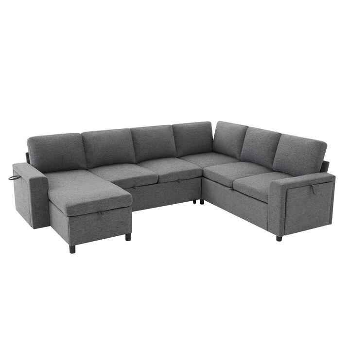 Merax Large U-Shape Sectional Sofa with Pull-Out Bed, Hidden Storage Compartments