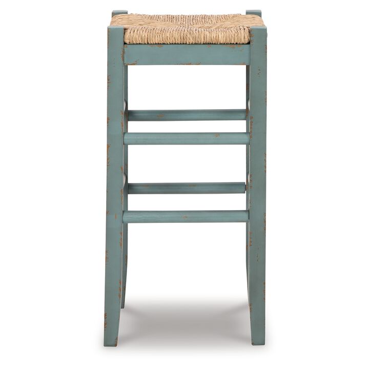Anya Bar Height Stool Set of 2, Brown Woven Seat, 30 Inch Rustic Blue - Benzara