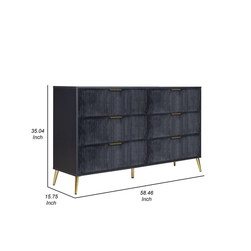 Benjara, Black, Gold Moko 58 Inch Wide Dresser, 6 Soft Upholstered Drawers
