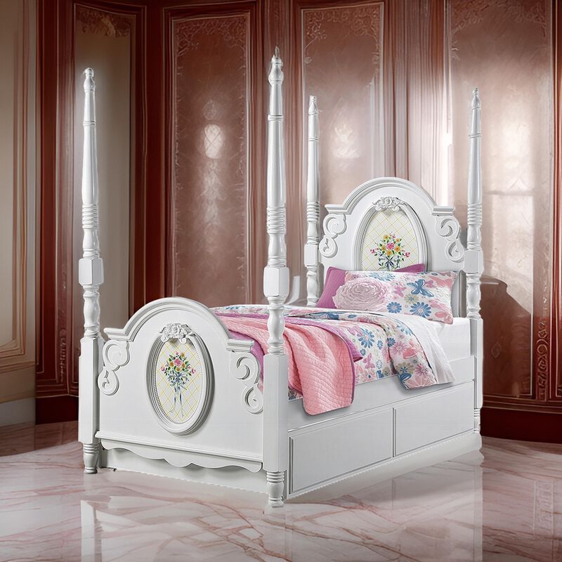 Auri Twin 4 Poster Princess Bed, Classic Arched Headboard, White Wood - Benzara