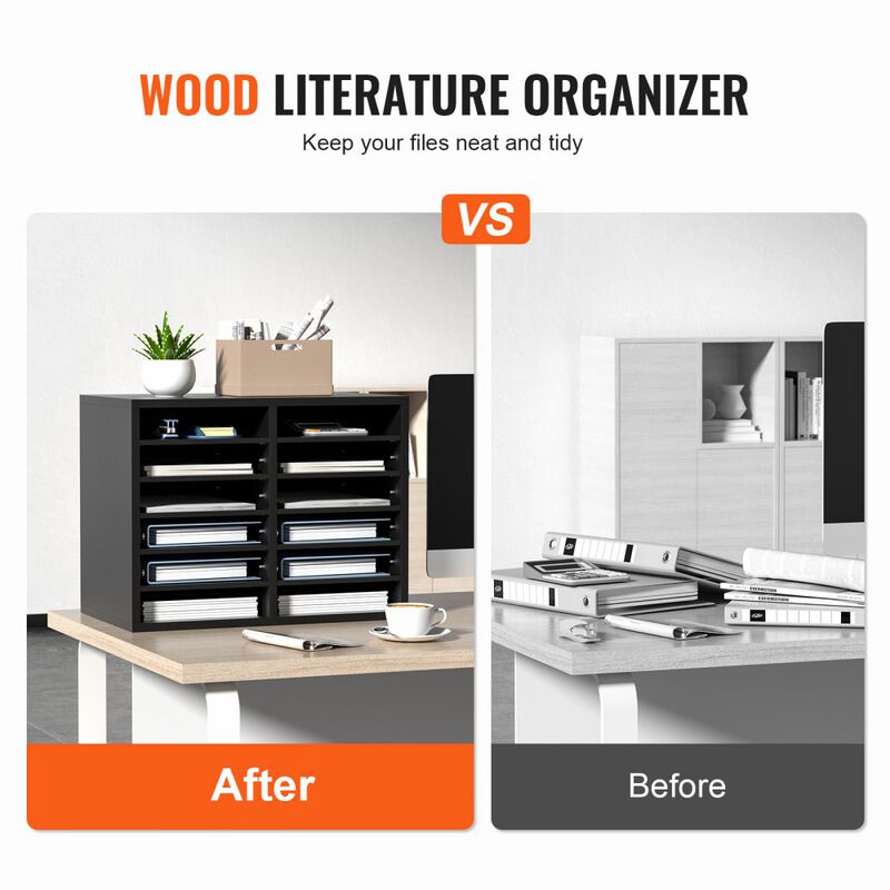 Desktop Literature Organizer with 12 Storage Slots, Wood Mail Sorter for Home Office Supplies-Black image number 4