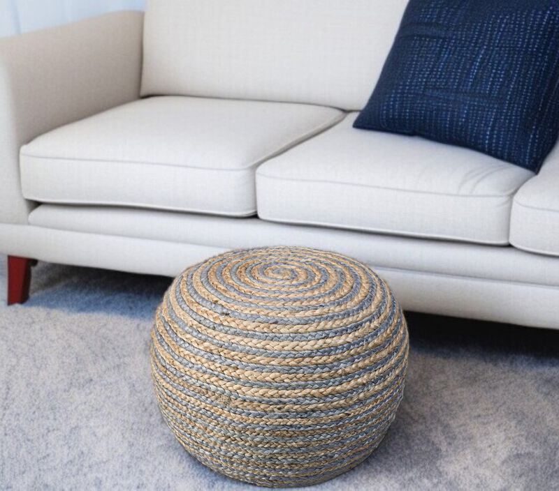 Round Striped Cotton Blend Pouf &ndash; Ottoman Accent Seat for Bedroom or Study
