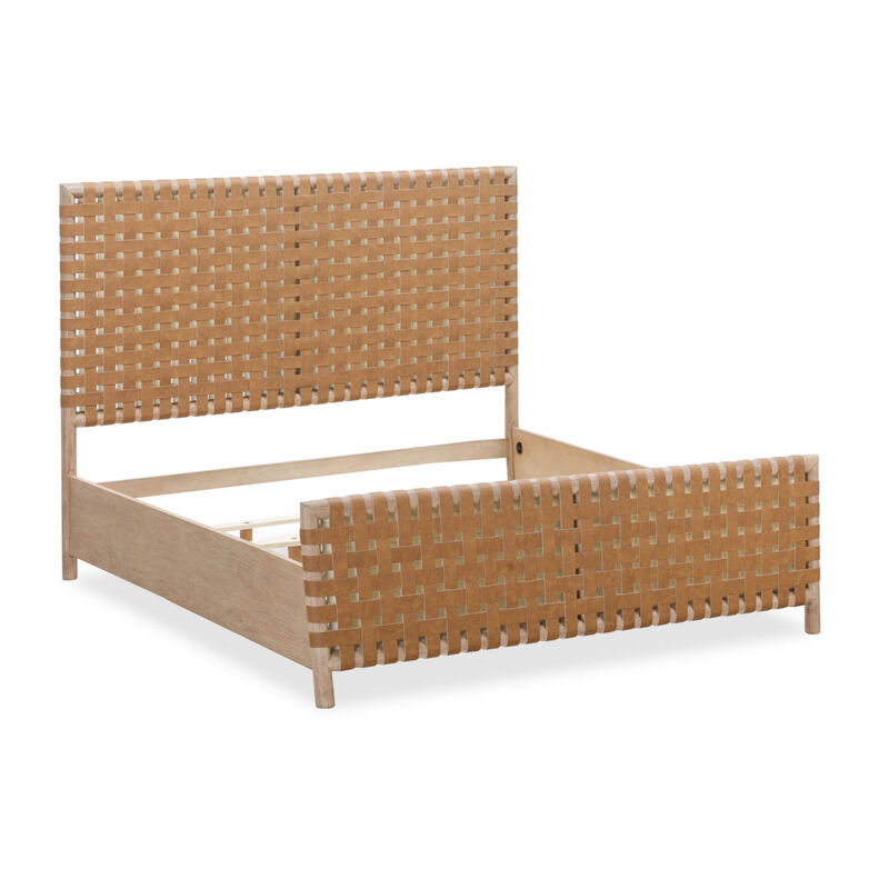 Dory Queen Size Bed, Hand Woven Headboard, Faux Leather Upholstery, Brown - Benzara