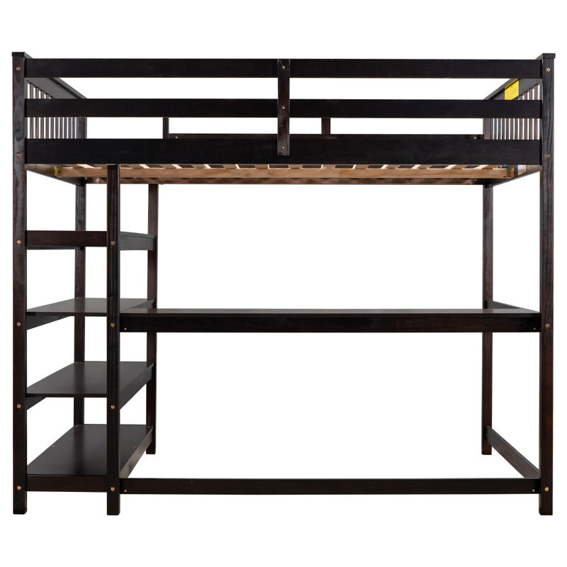 Full Size Loft Bed with Storage Shelves and Under-bed Desk, Gray