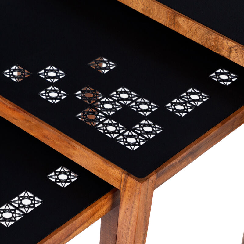 Alba 22 Inch 3 Piece Nesting Table Set, Laser Cut Metal, Black, Brown-Benzara