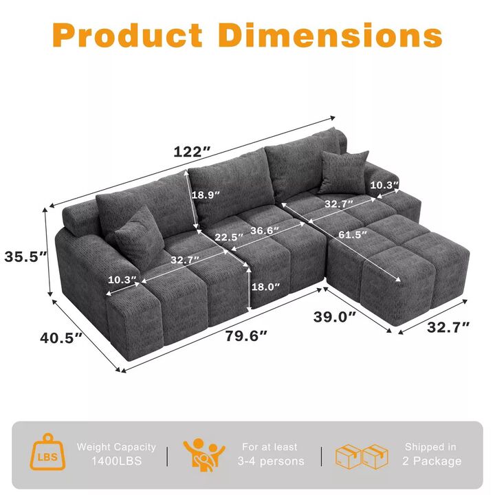Vipbear 122" L Shaped Modular Sectional Sofa with Ottoman Oversized Deep Seat Comfy Chenille Fabric