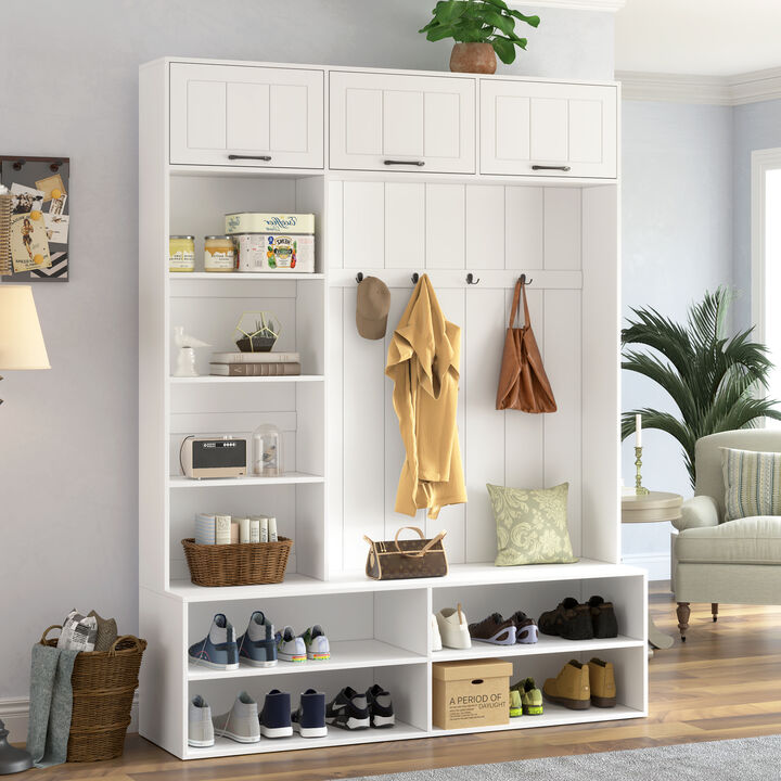 Merax Versatile Entryway Storage Unit with Open Shelving, Closed Cabinets, Hanging Hooks
