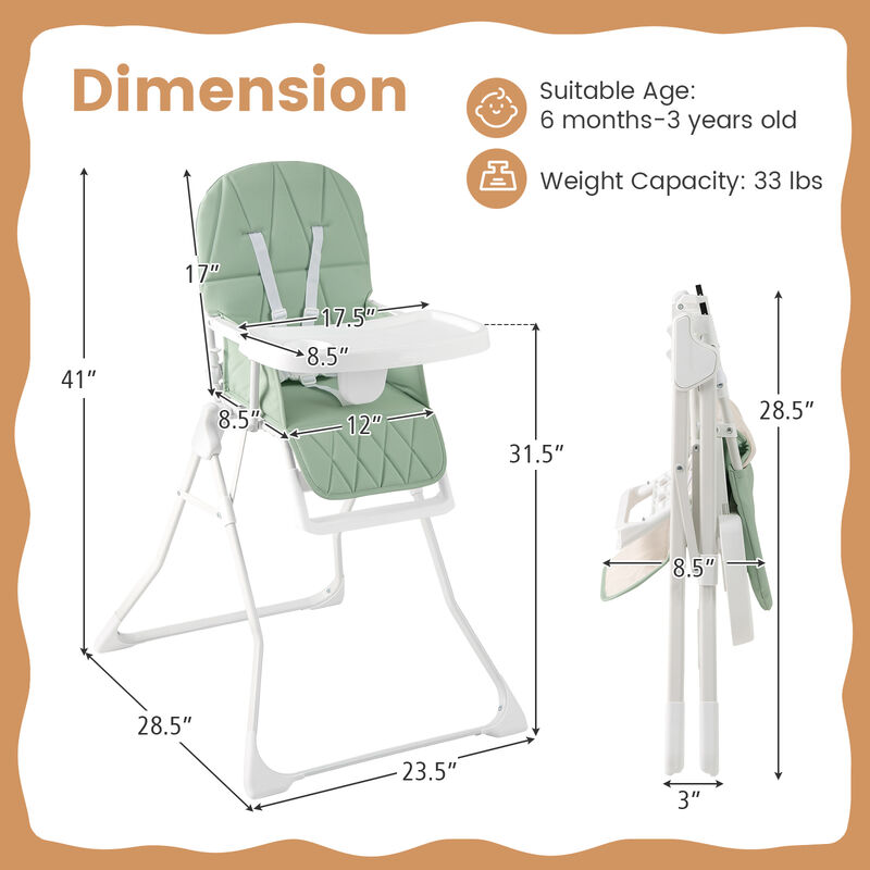 Space-Saving Highchair with PU Seat and Adjustable Feeding Tray