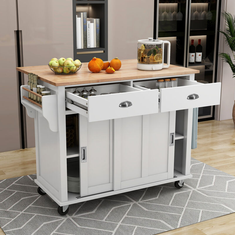 Whisen Modern Kitchen Island with Rubber wood Drop-Leaf Countertop and Storage Cabinet - White