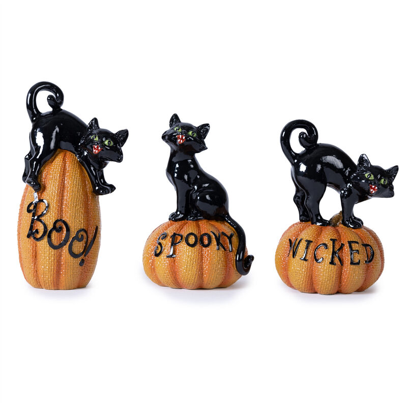HomeRoots Set of Three Black And Orange Polyresin Halloween Black Cat Figurines image number 0