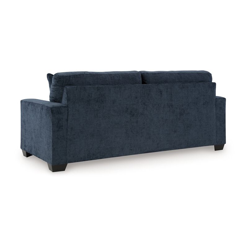 Avie Sofa, 2 Accent Pillows, 85 Inch, Black, Soft Navy Blue Polyester - Benzara