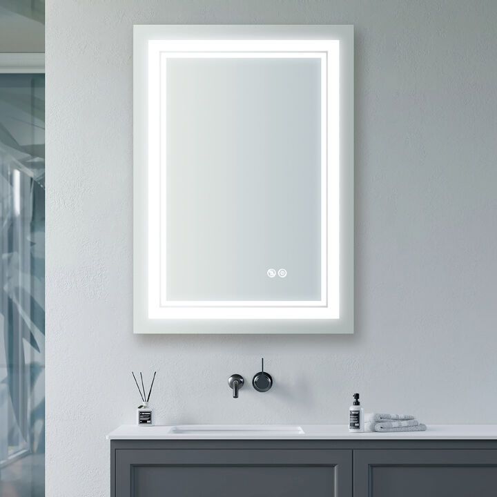 20x28 Inch LED Lighted Bathroom Mirror with 3 Colors Light, Wall Mounted Bathroom Vanity Mirror with Touch Button, Anti-Fog Dimmable Makeup Mirror (Horizontal/Vertical)