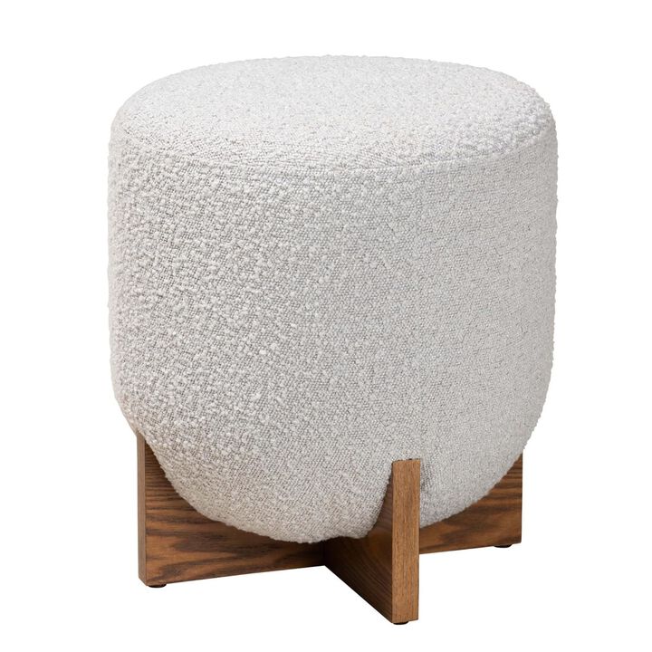 Baxton Studio Fisk Japandi Light Grey Boucle Fabric and Walnut Brown Finished Wood Ottoman Footstool