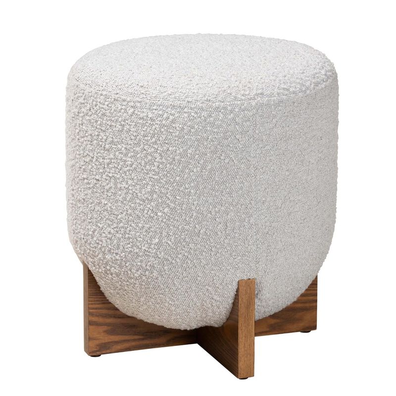 Baxton Studio Fisk Japandi Light Grey Boucle Fabric and Walnut Brown Finished Wood Ottoman Footstool